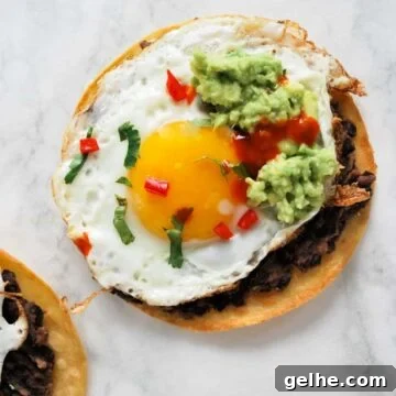 a tostada layered with refried black beans, a fried egg and smashed avocado