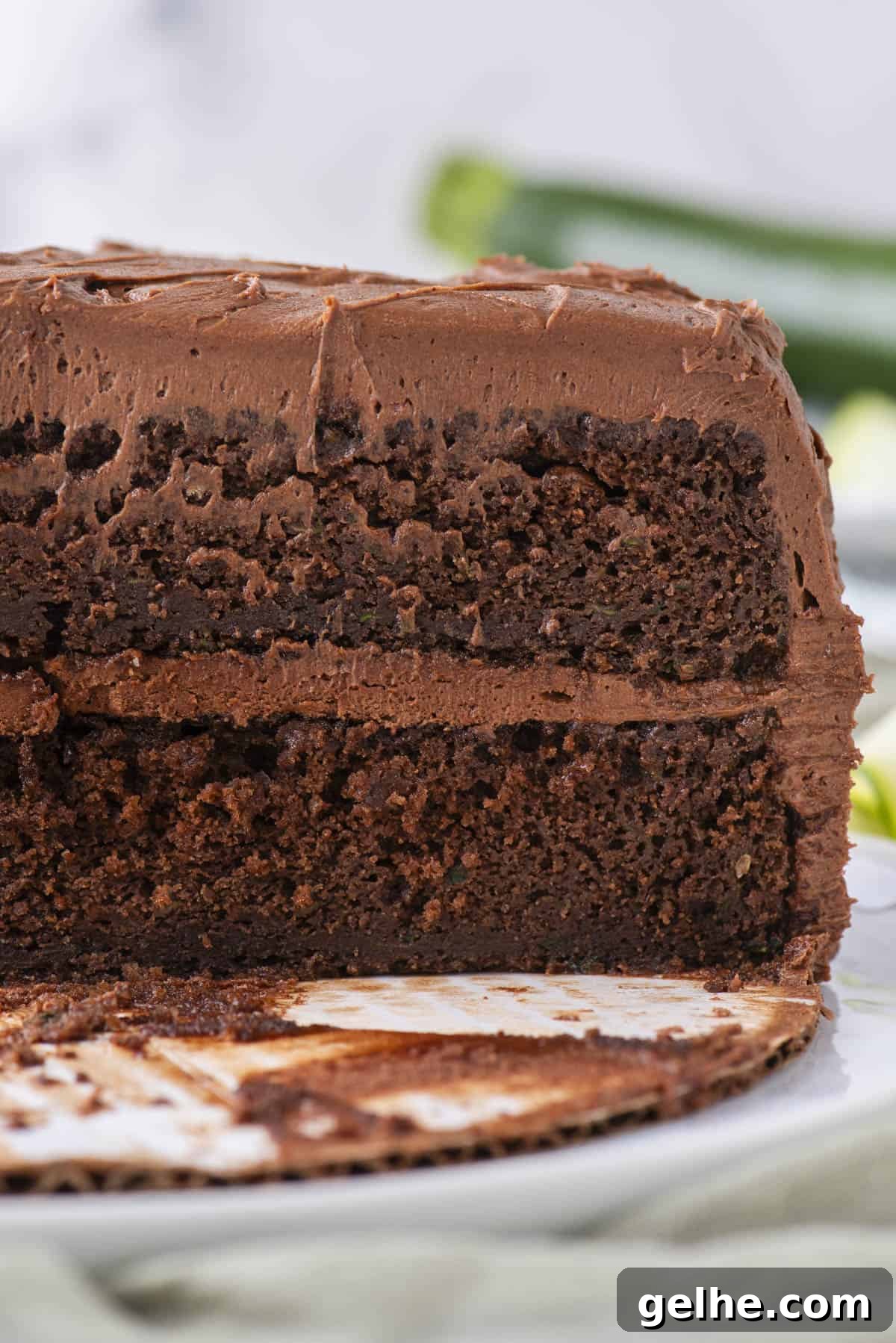 A close-up of a chocolate layer cake with chocolate frosting, showing a slice removed.