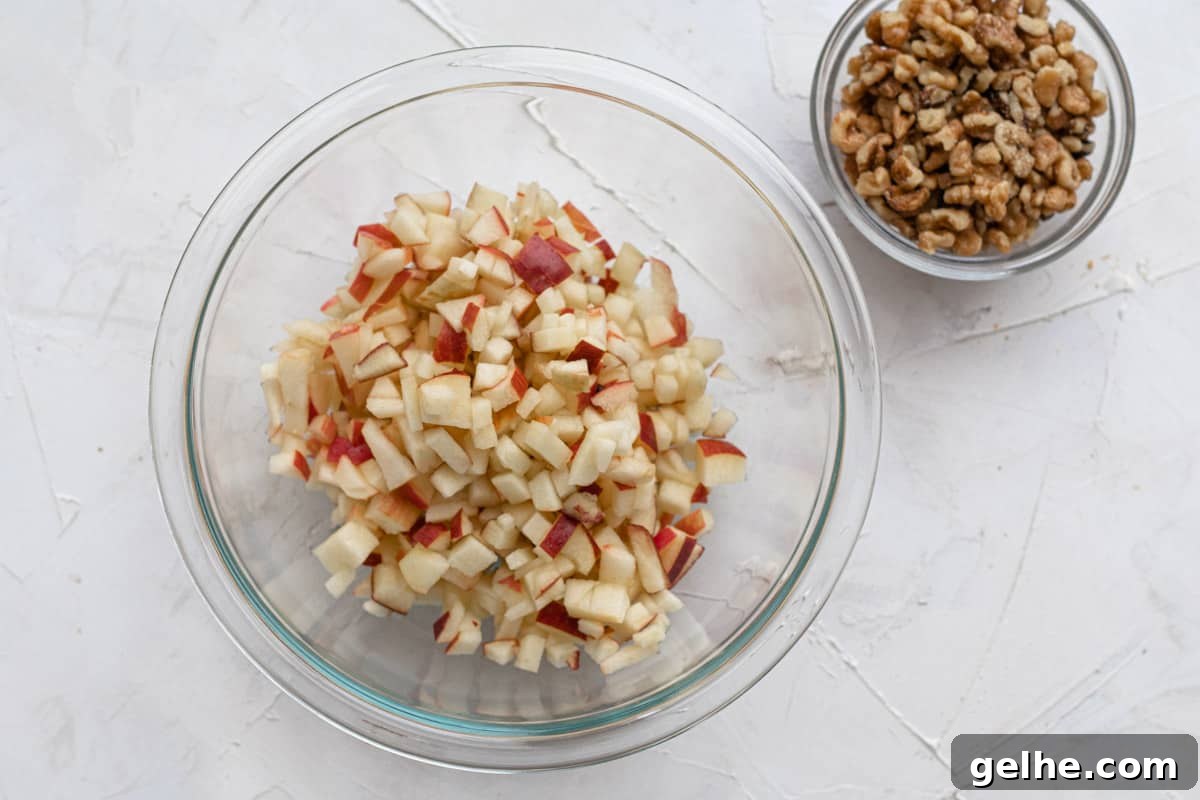 diced apples in a glass bowl