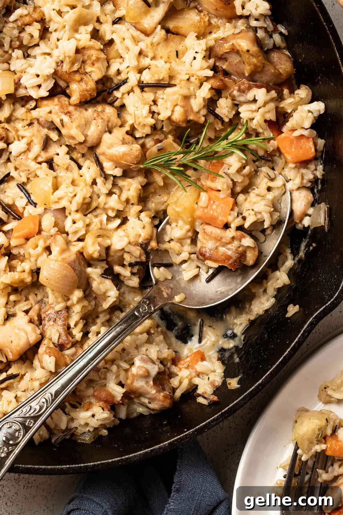 Dijon Chicken Skillet with Wild Rice and Creamy Mustard Sauce 9 A close up shot showing the texture of the wild rice with the chicken thighs and dijon sauce.
