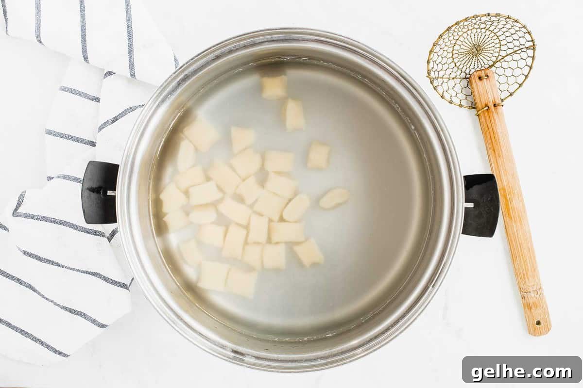 Ricotta gnocchi boiling in stock pot.