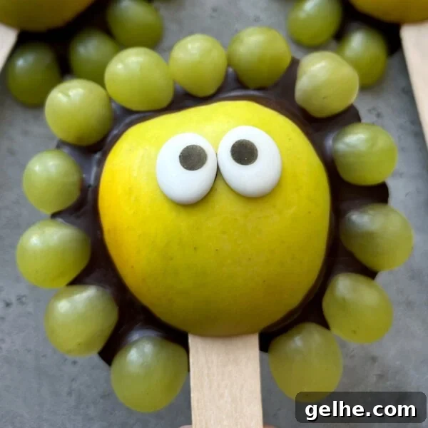 A yellow apple slice with candy eyes and green grapes arranged around it to look like a cartoon lion face on a popsicle stick—this playful bite makes healthy food fun for kids, perfect for creative recipes or snack dishes. Set on a gray surface.