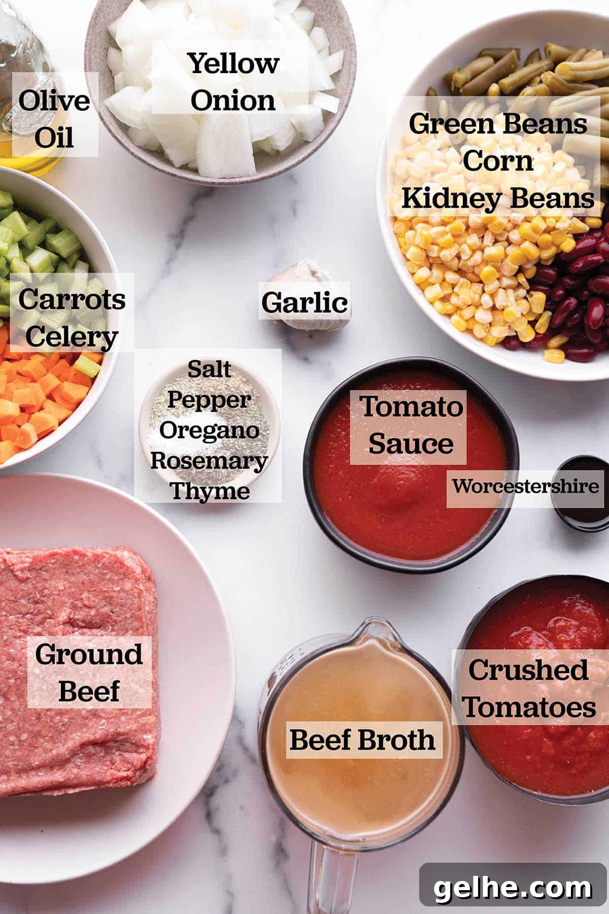 Hearty Ground Beef and Vegetable Soup Recipe 3 Ingredients measured out to make a vegetable soup.