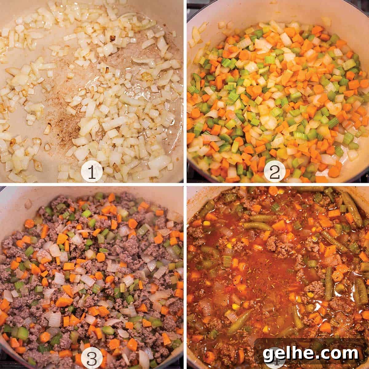 Hearty Ground Beef and Vegetable Soup Recipe 4 Four images of veggies and ground beef being sautéed in a Dutch Oven.