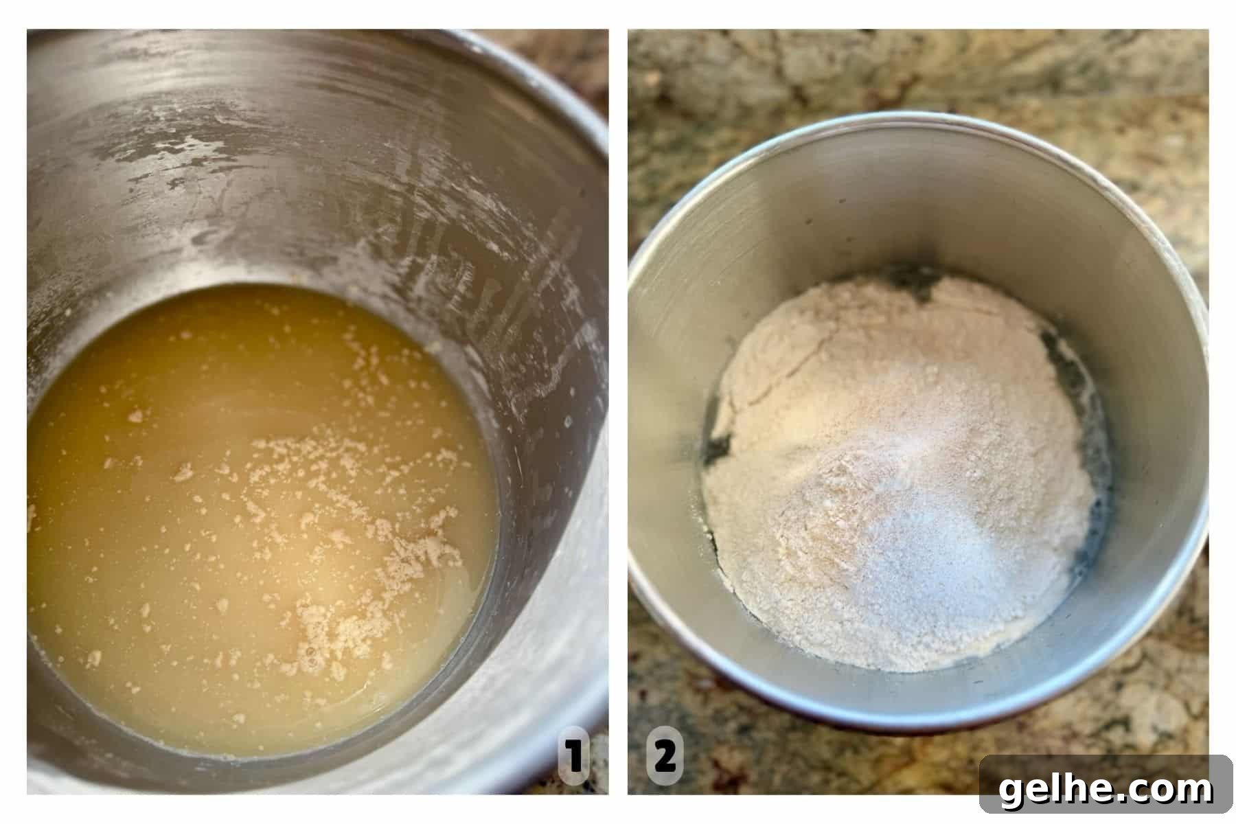 Two pictures show a mixing bowl with ingredients including water, yeast, honey, and flour added.