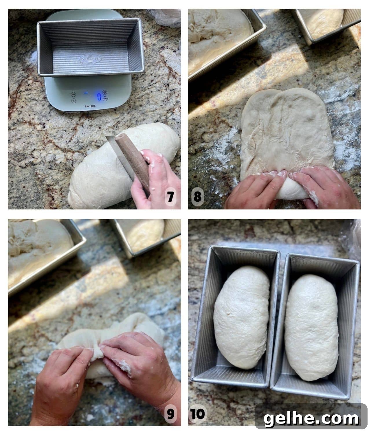 Four pictures show hands rolling and shaping loaves and placing them in loaf pans.