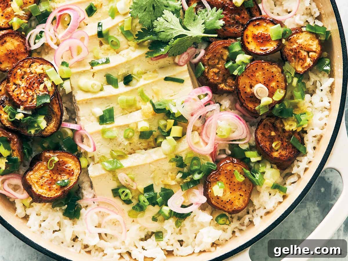 One pot coconut rice with roasted eggplant and pickled shallots from the Evergreen Kitchen cookbook.
