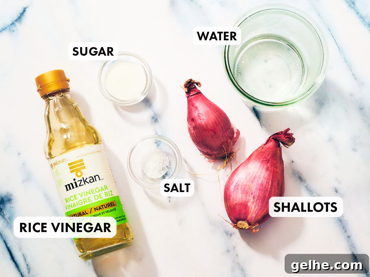 5 ingredients to make easy pickled shallots including vinegar, water, salt, and sugar.