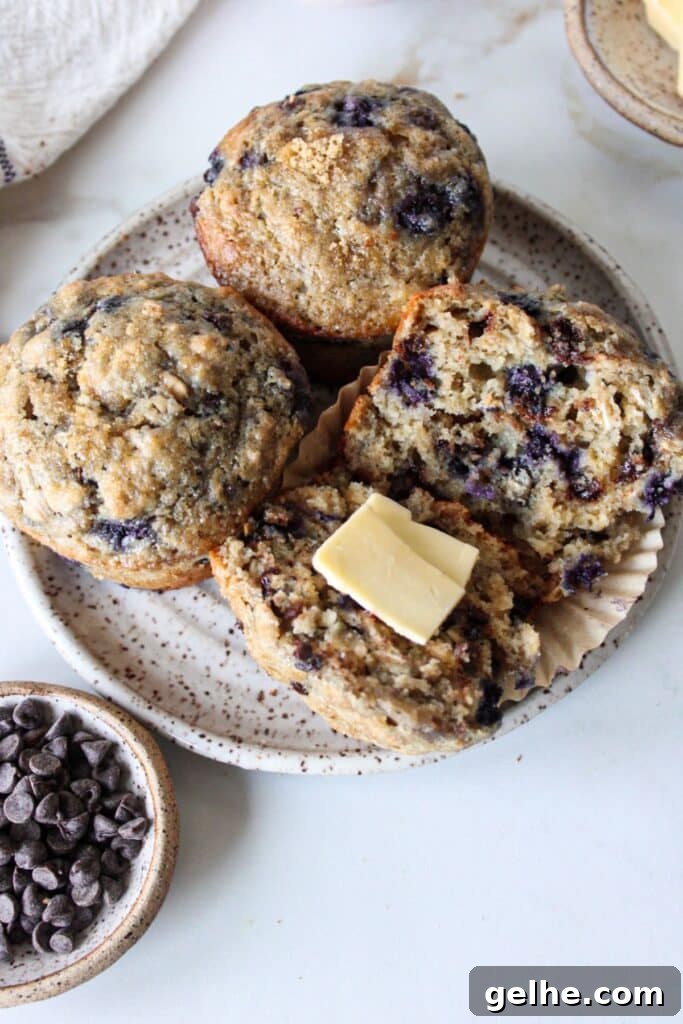 Blueberry chocolate chip muffins on a plate with butter.