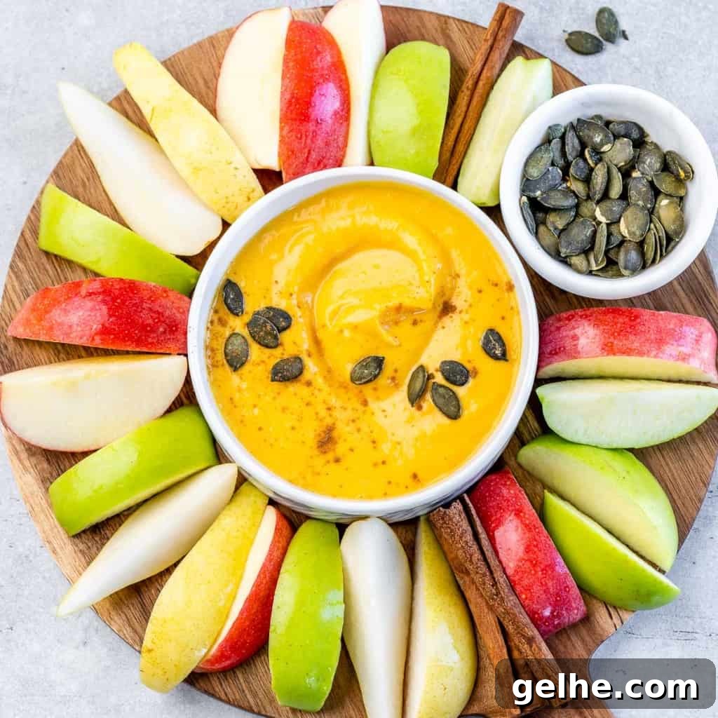 Top view of a white bowl with pumpkin pie fruit dip surrounded by apple slices.
