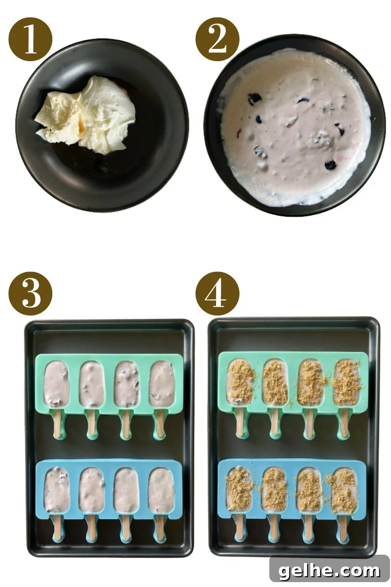 Steps to make blueberry cheesecake popsicles.