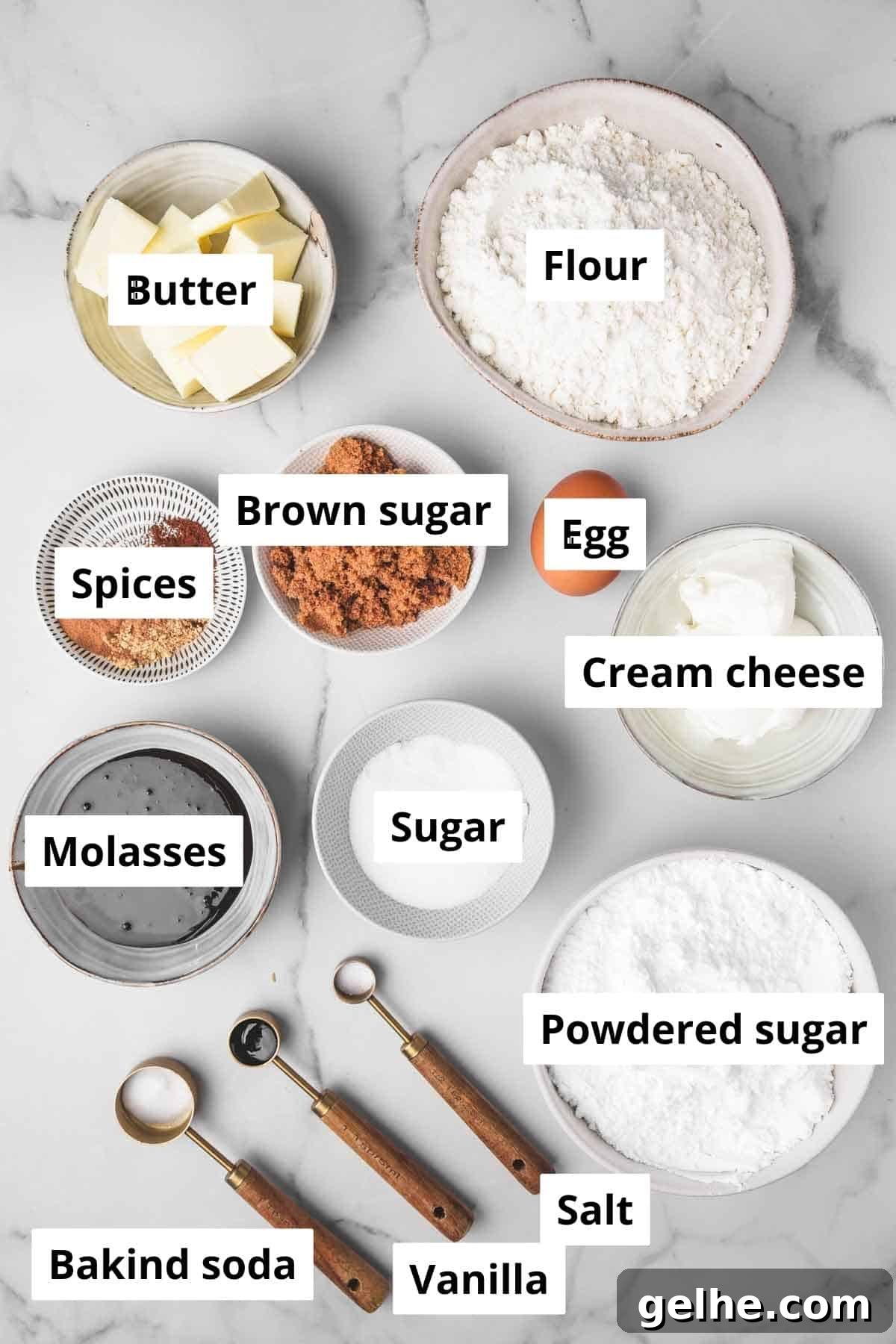 Frosted Gingerbread Cookies Recipe for Holiday Baking 3 bowls with ingredients