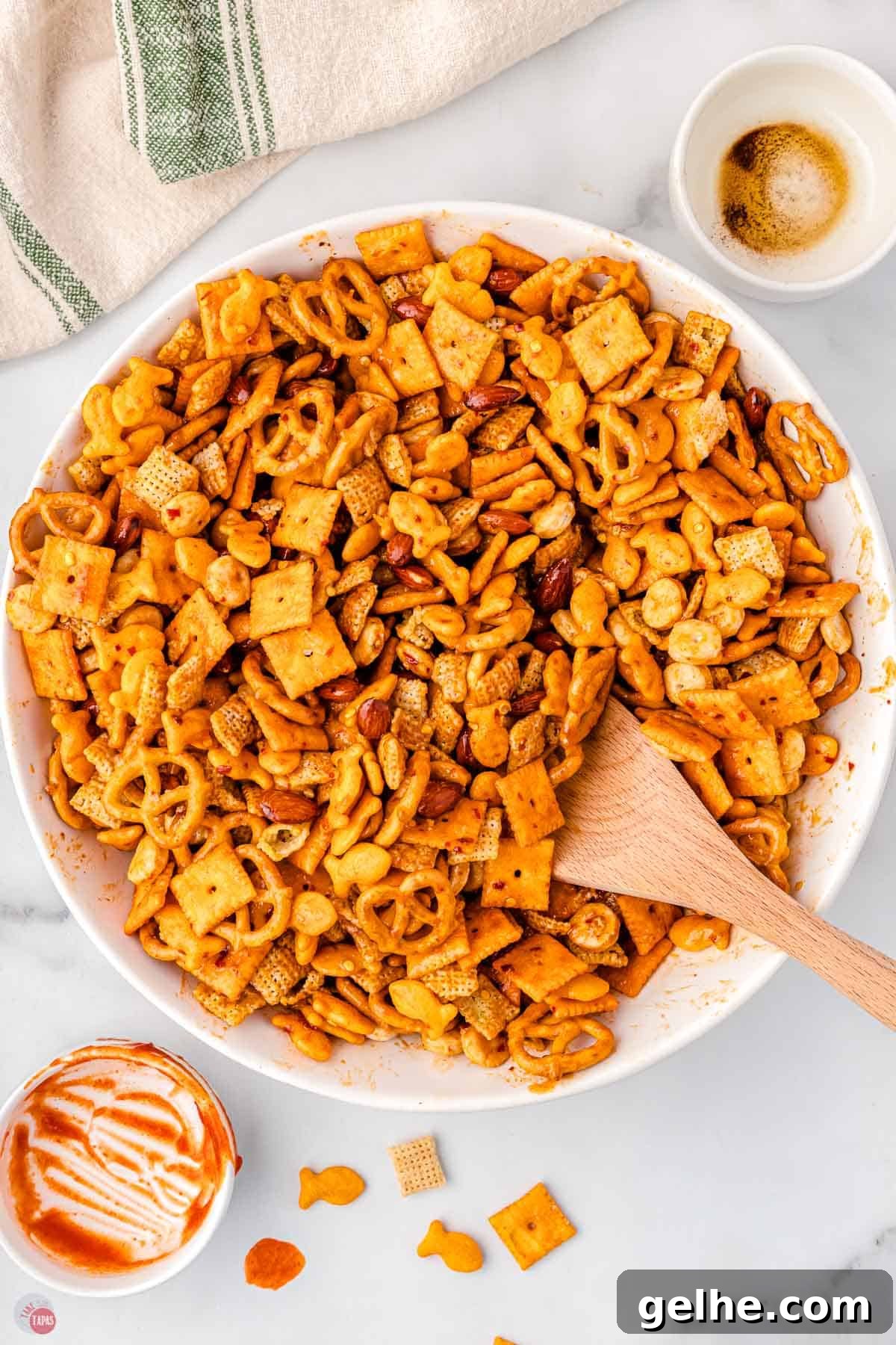 spicy chex mix in a large mixing bowl