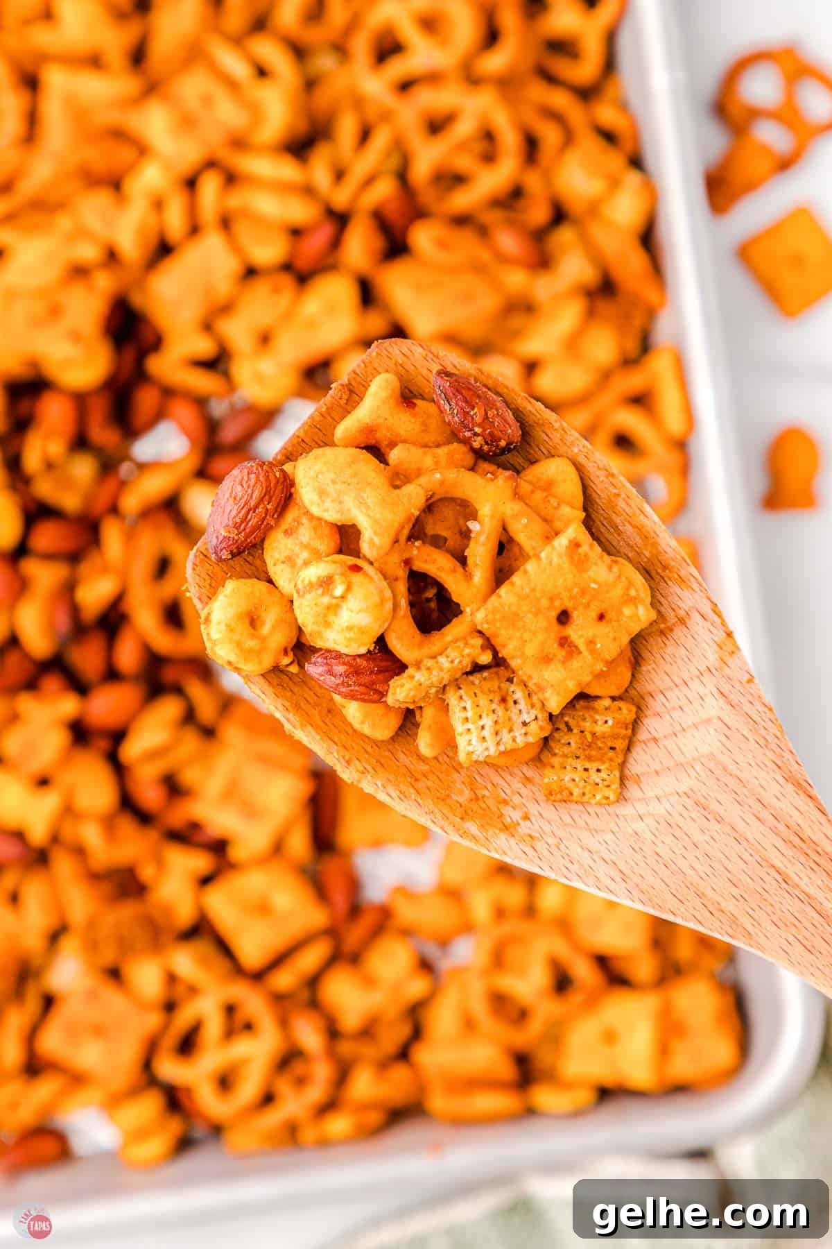 spoon of crackers and pretzels