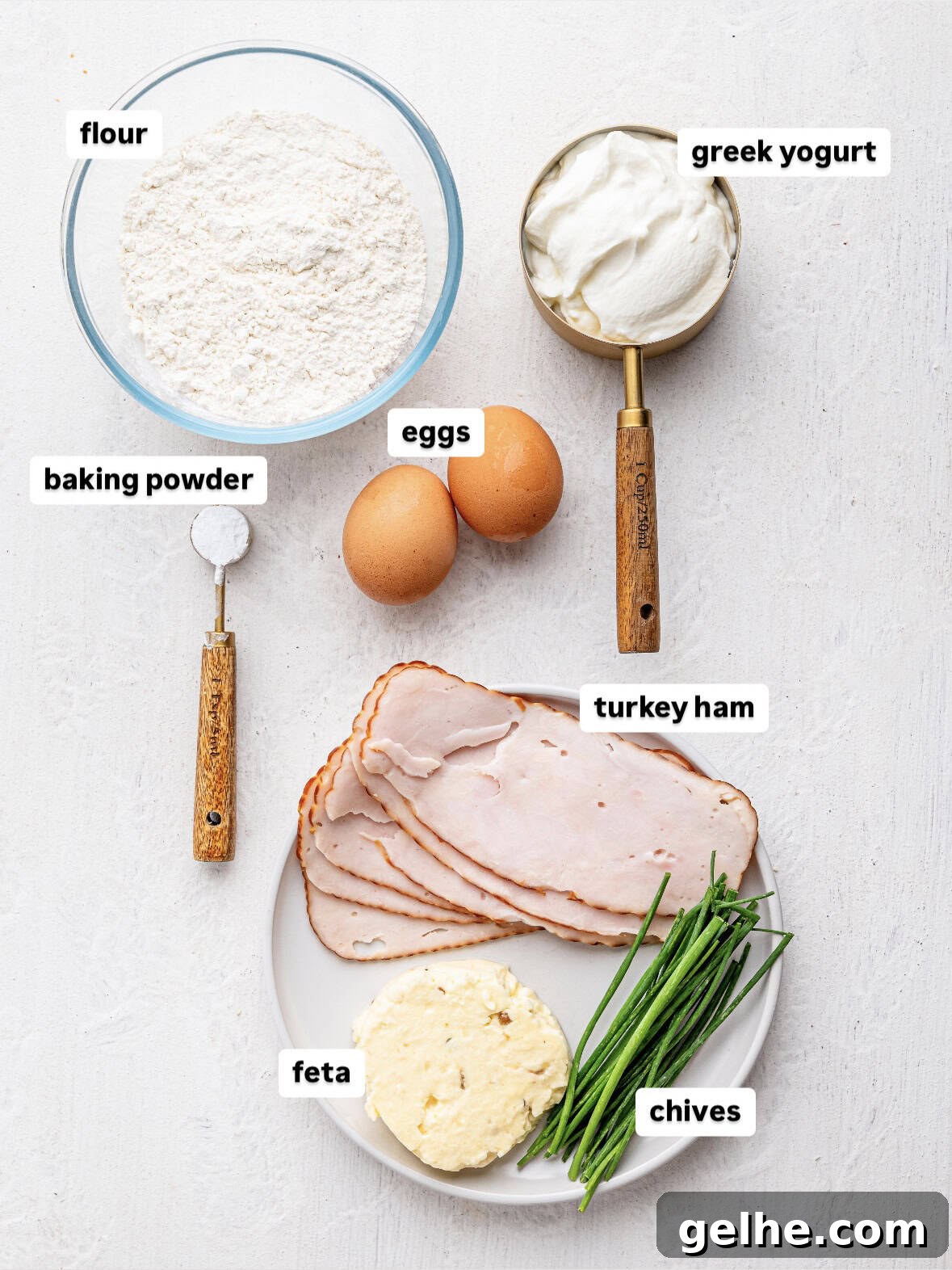 High-Protein Biscuits Without Butter – Fluffy, Low-Fat Recipe 4 Ingredients to make high protein biscuits laid out on a table-top.