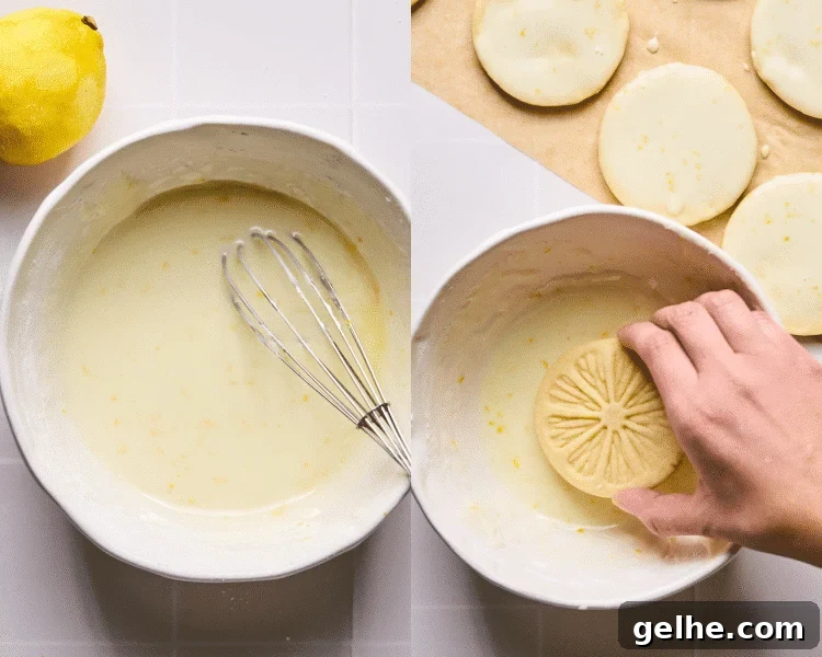 Side-by-side image of whisking together ingredients for lemon glaze for lemonade cookies then dunking the cooled baked cookies into the glaze before placing them on parchment paper to dry.