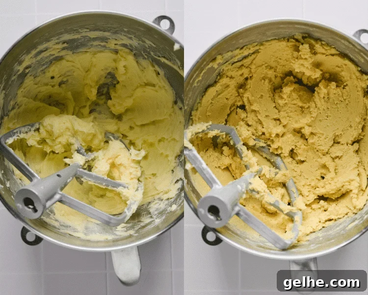 Side-by-side image showing creaming the butter then adding the rest of the ingredients to make cookie dough for copycat girl scout lemonade cookies.