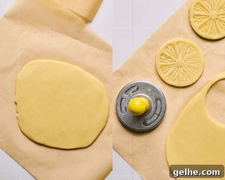 Side-by-side image showing rolling out the lemon cookie dough then cutting it out and stamping with lemon stamp.