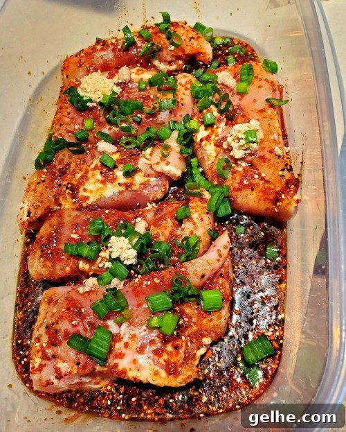 Korean BBQ Grilled Chicken Recipe with Sticky Soy Marinade 3 Korean BBQ Chicken laid out in container before shaking