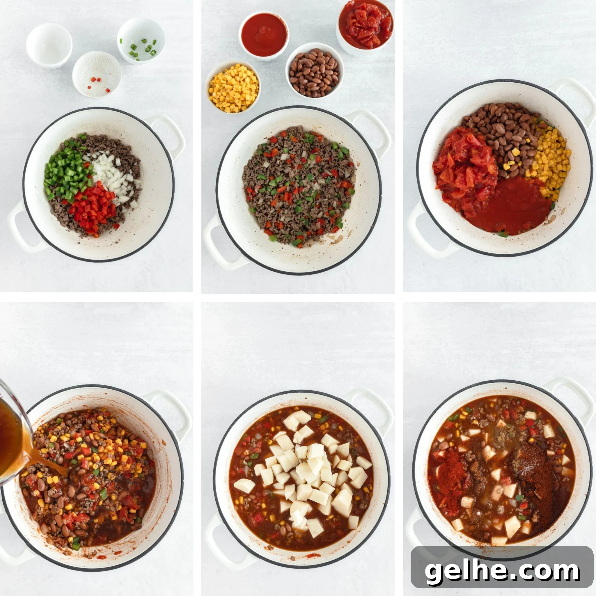 Six-step collage of cowboy soup prep: adding veggies, spices, beans, and meat to simmering pot.