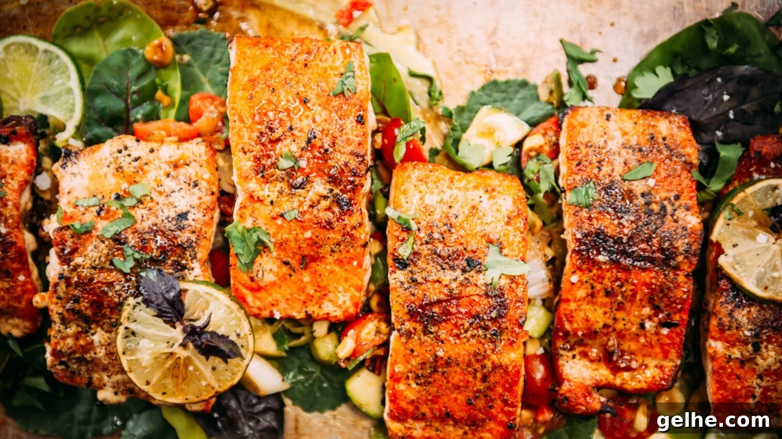 Grilled salmon with charred edges and lemon wedges.