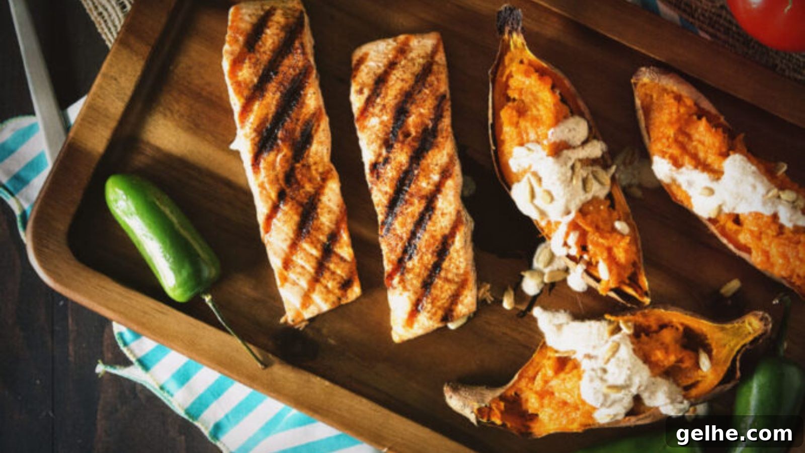 Salmon grilled with ancho rub topped with creamy nogada sauce.