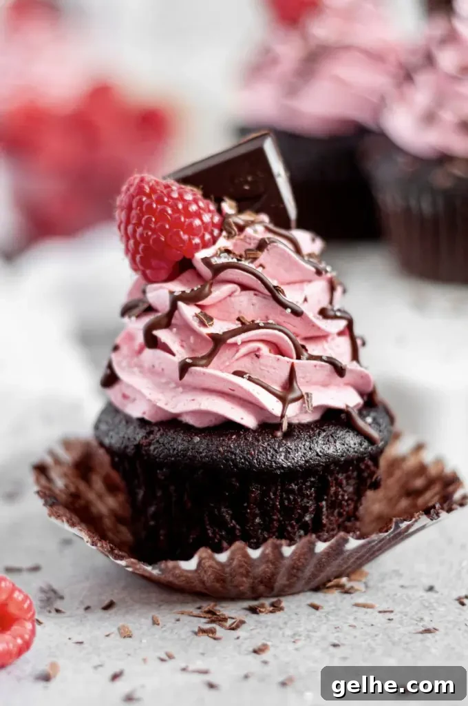 Dark chocolate cupcakes with pink raspberry buttercream swirled on top. There's a bright red raspberry on the top of the frosting swirl with a square of dark chocolate.