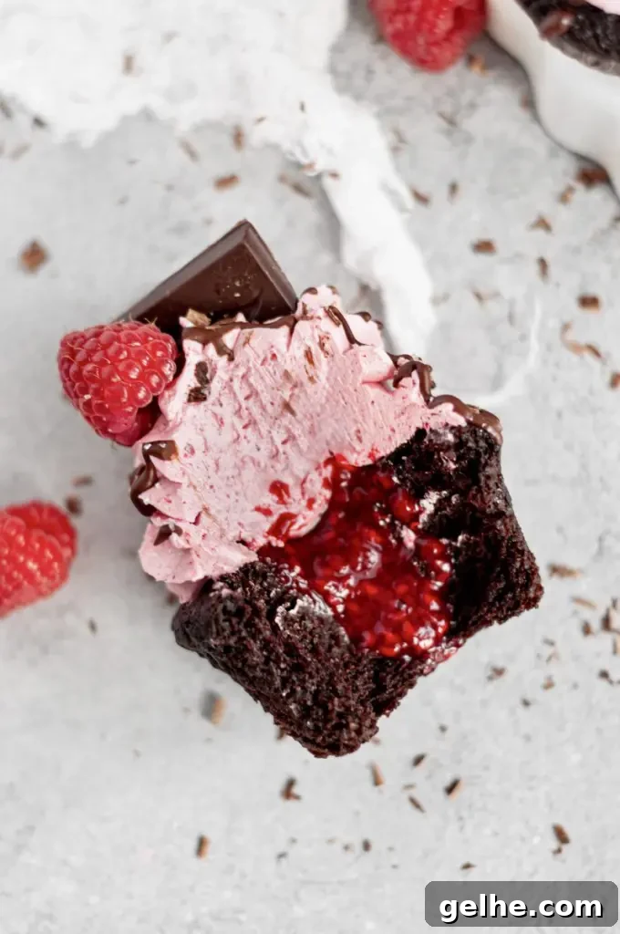 Dark chocolate cupcakes with pink raspberry buttercream swirled on top. There's a bright red raspberry on the top of the frosting swirl with a square of dark chocolate.
