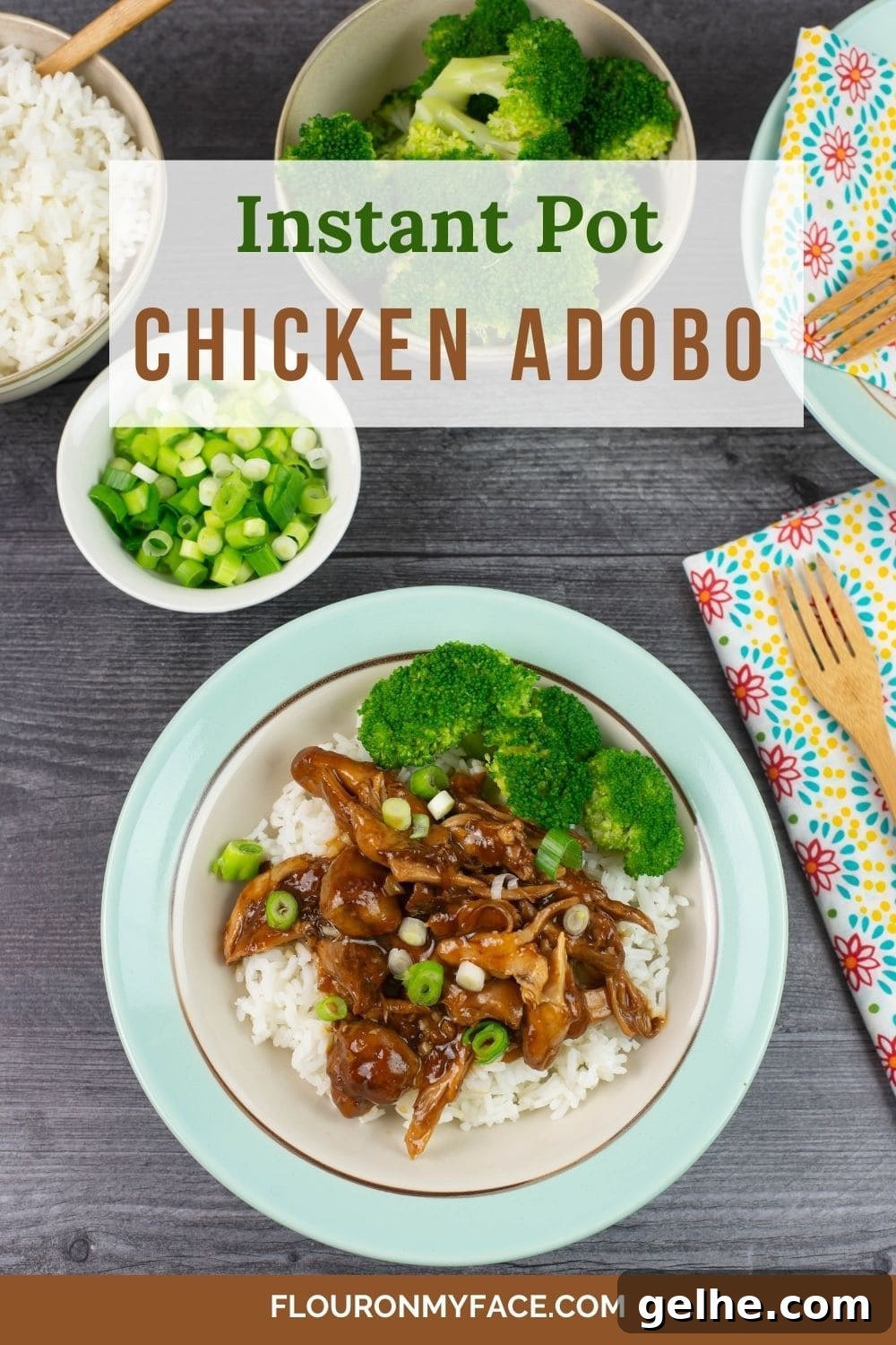 Instant Pot Chicken Adobo serving with rice and broccoli.