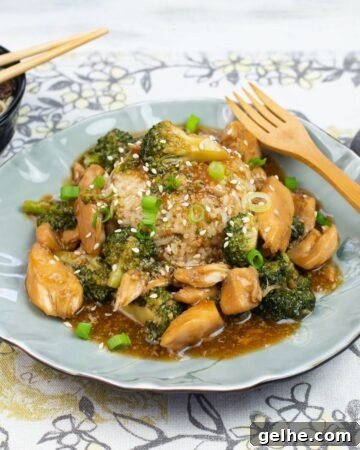 Serving Instant Pot Chicken and Broccoli over a mound of white rice with a bowl of mushroom noodle soup