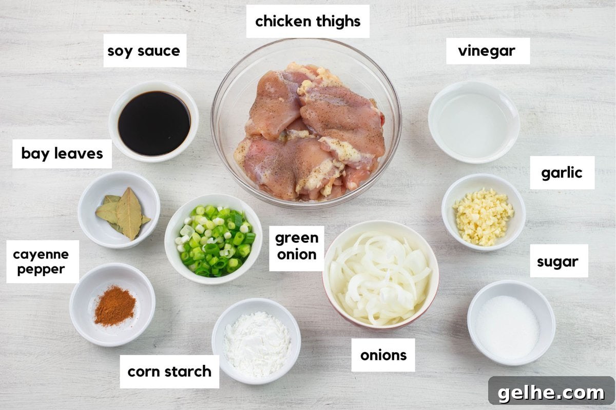 Chicken Adobo ingredients in small bowls.