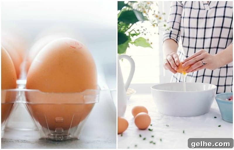 Fresh eggs in carton and cracking one into a bowl.
