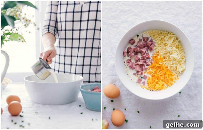 Pouring milk into bowl of ingredients for the ham and cheese quiche recipe.