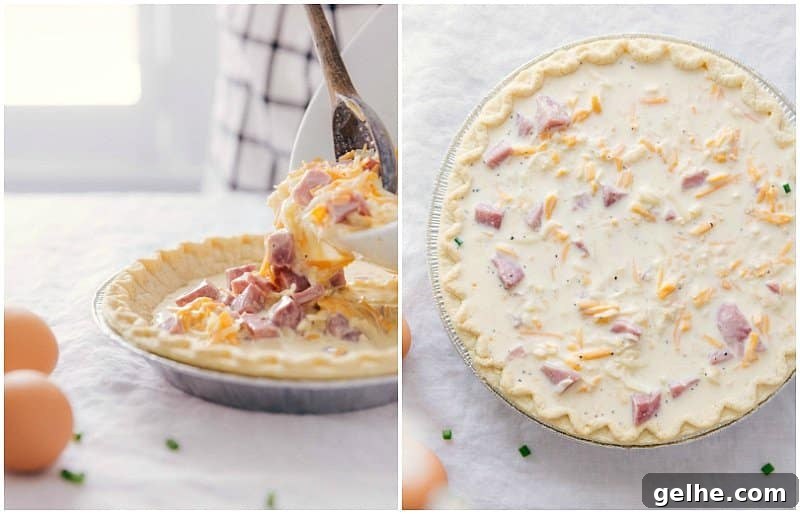 Pouring ingredients into the crust.