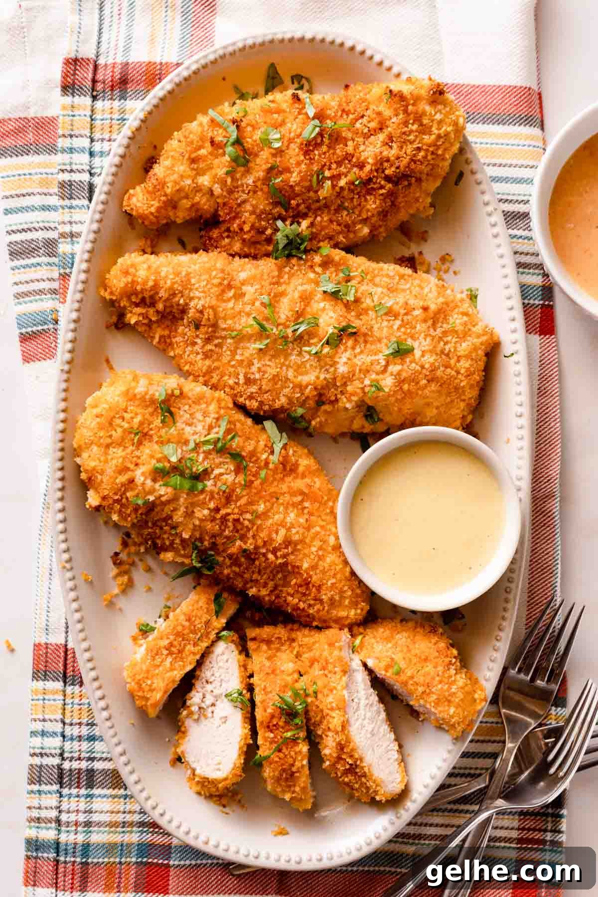 Crispy Panko-Baked Chicken Breast Recipe 2 panko baked chicken on platter with dipping sauce