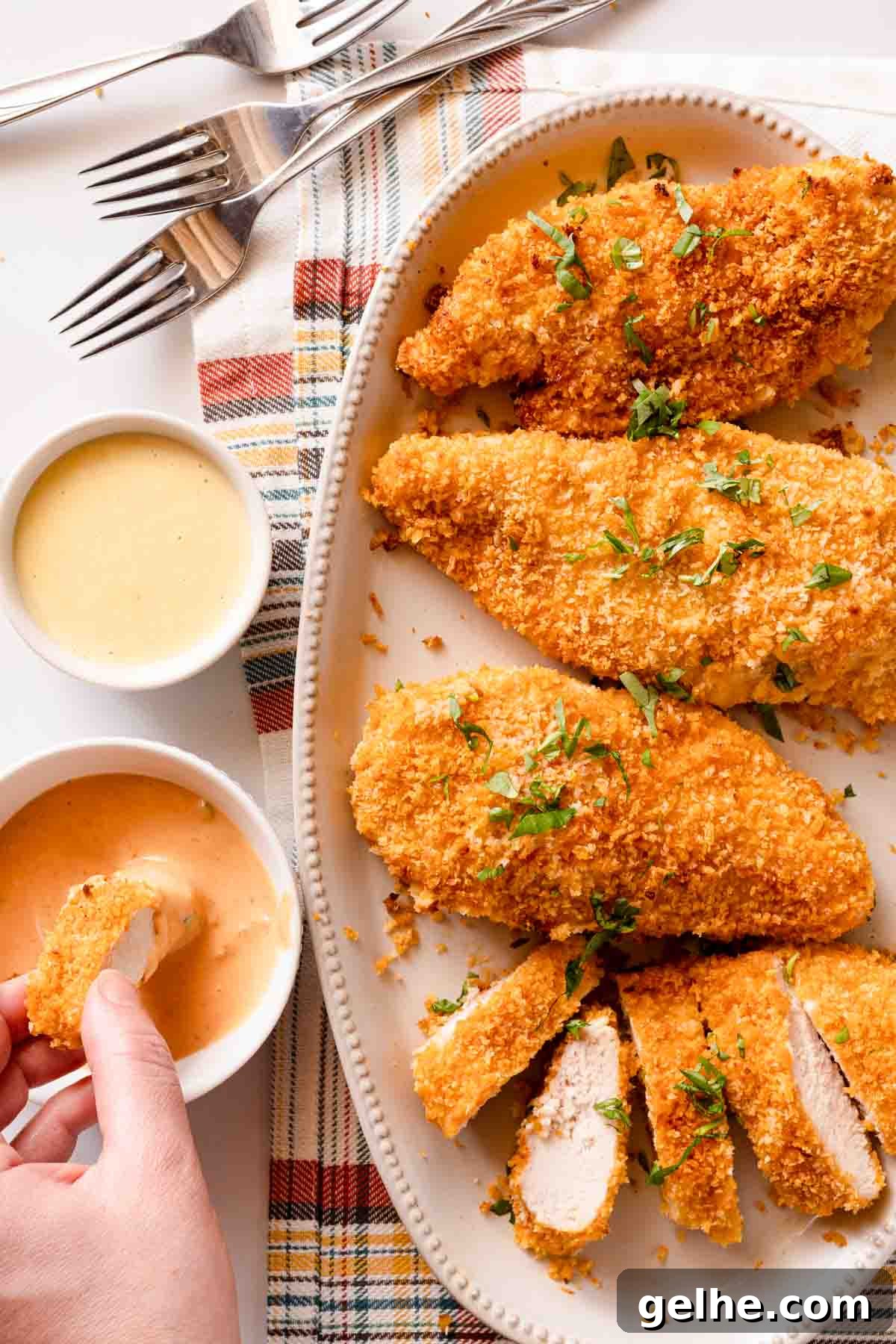 Crispy Panko-Baked Chicken Breast Recipe 5 platter of panko baked chicken with hand dipping slice of chicken in dipping sauce on the side