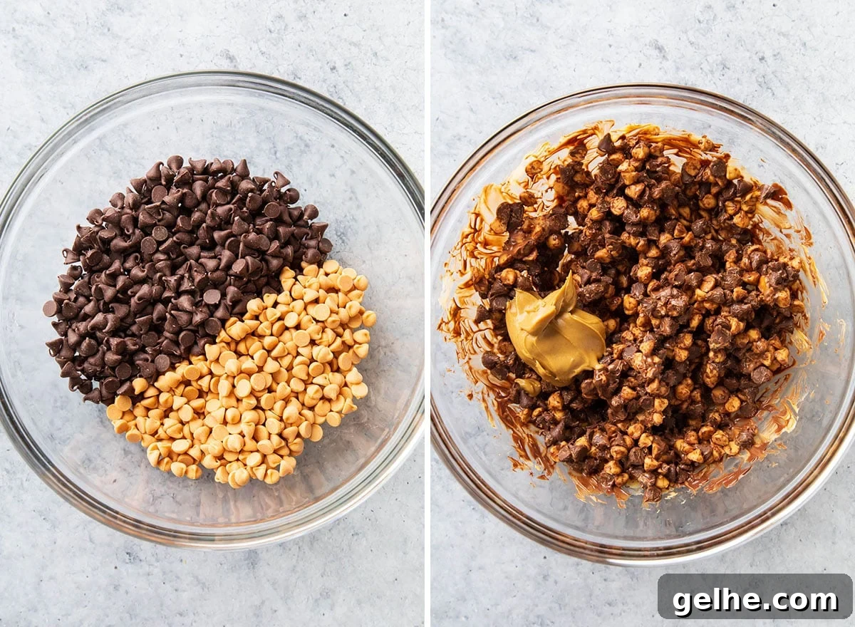Two photos showing How to Make Haystack Cookies - melting and stirring together butterscotch chips, chocolate chips, and peanut butter.
