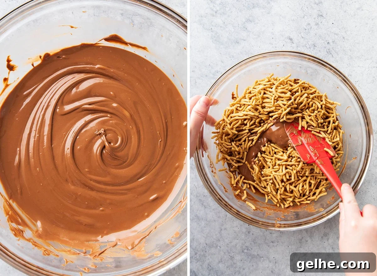 Two photos showing How to Make this no bake Christmas recipe - stirring melted chocolate mixture with chow mein noodles.