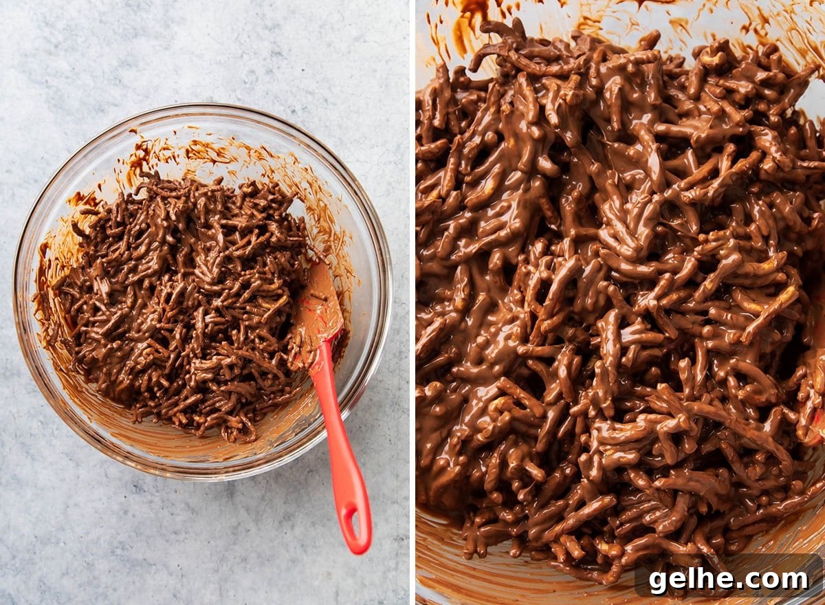 Two photos showing How to Make this no bake Christmas recipe - fully coated dough mixture is ready to scoop.
