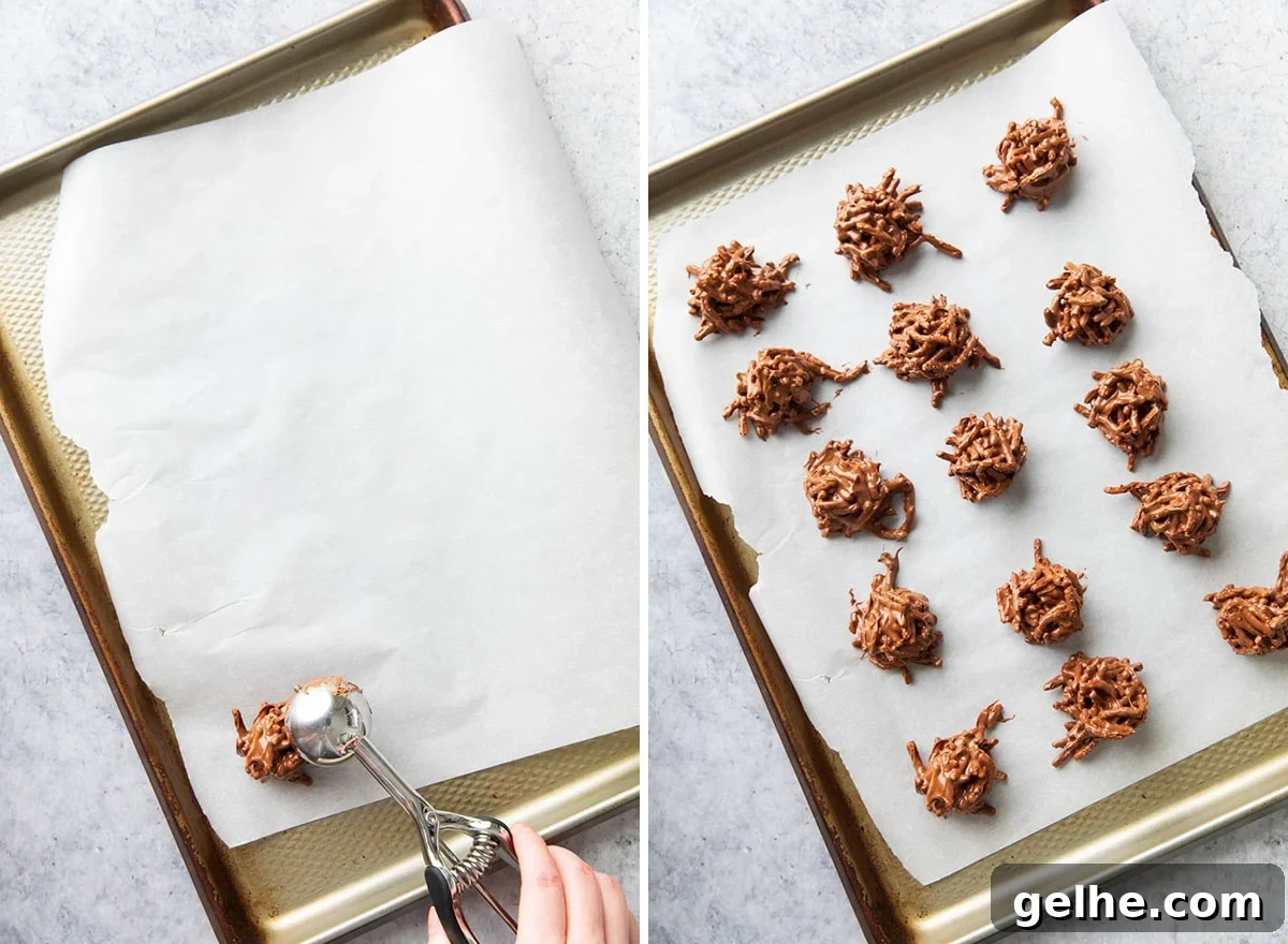Two photos showing How to Make this butterscotch Christmas treat recipe - scooping and dropping balls of unbaked dough for this dessert.