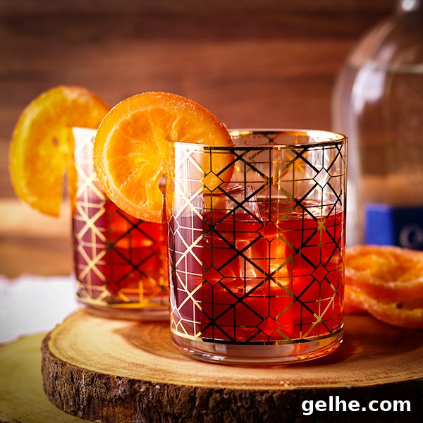 Two pomegranate margarita cocktails garnished with orange slices.