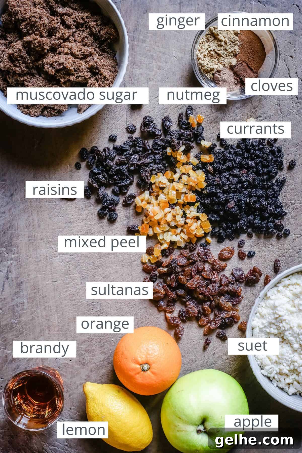 Gluten-Free Suet Mincemeat Recipe for Classic Pies 7 Ingredients for mincemeat on a wooden table