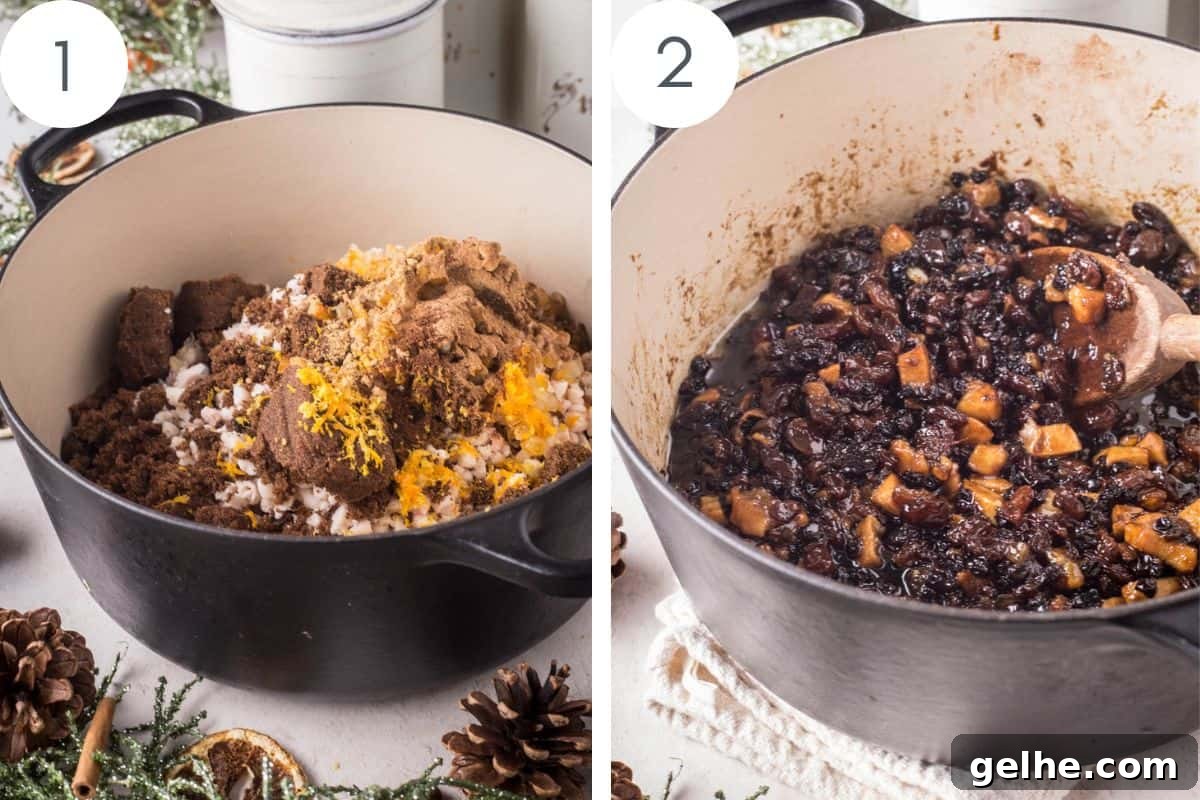 Gluten-Free Suet Mincemeat Recipe for Classic Pies 8 Mincemeat ingredients in an ovenproof dish before baking and then after with the fruits glistening and the sauce thick and luscious.
