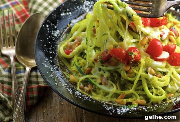Scooping a forkful of zucchini noodles from a bowl of zoodles