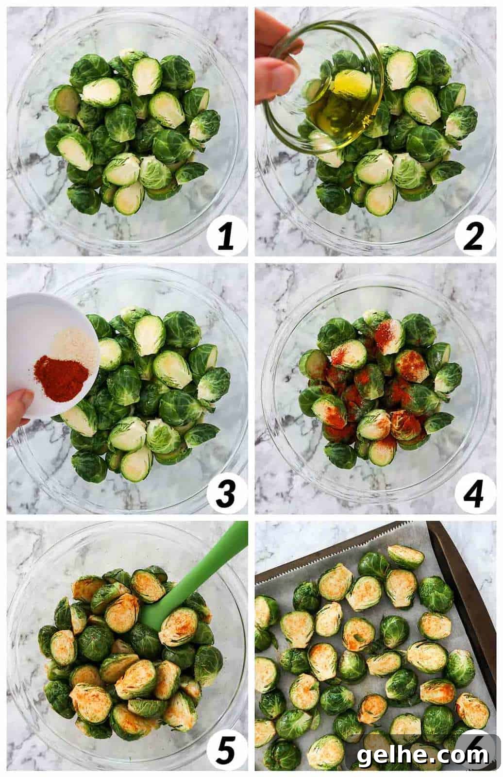 Six panel collage of process shots- combining ingredients and baking Brussel sprouts on a baking sheet in the oven.