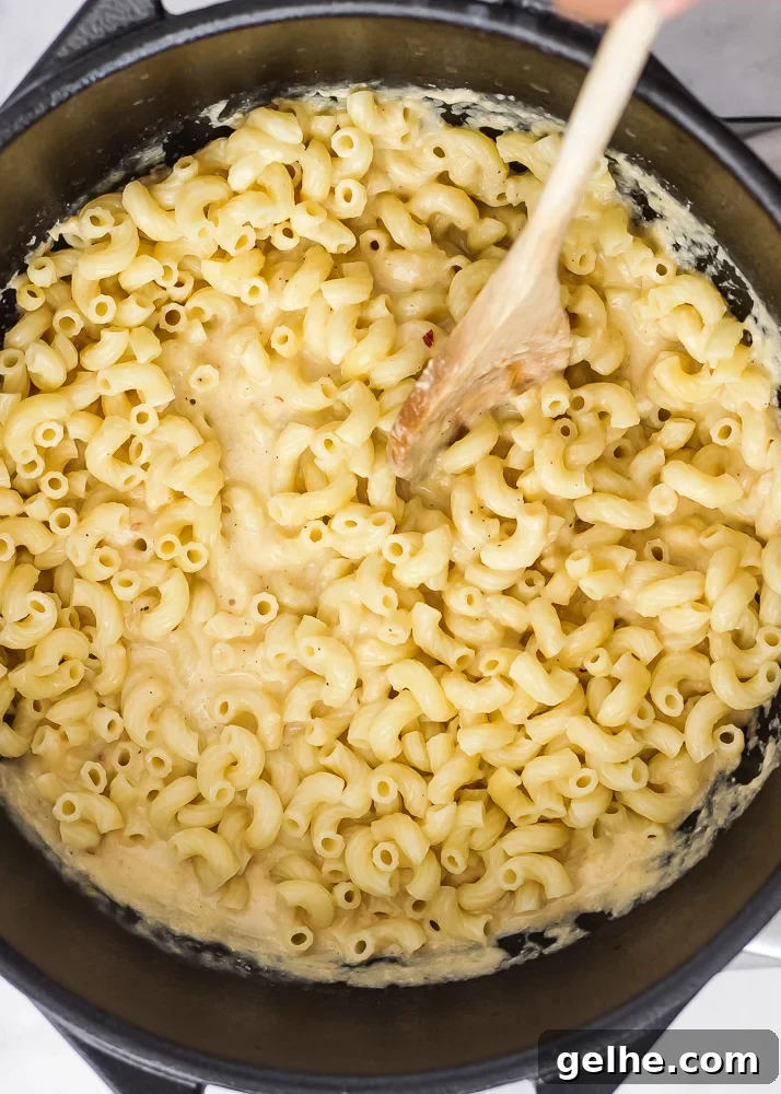 A pot of creamy stovetop mac and cheese that's cheddar cheese based. Cheesy but not heavy or gloppy.