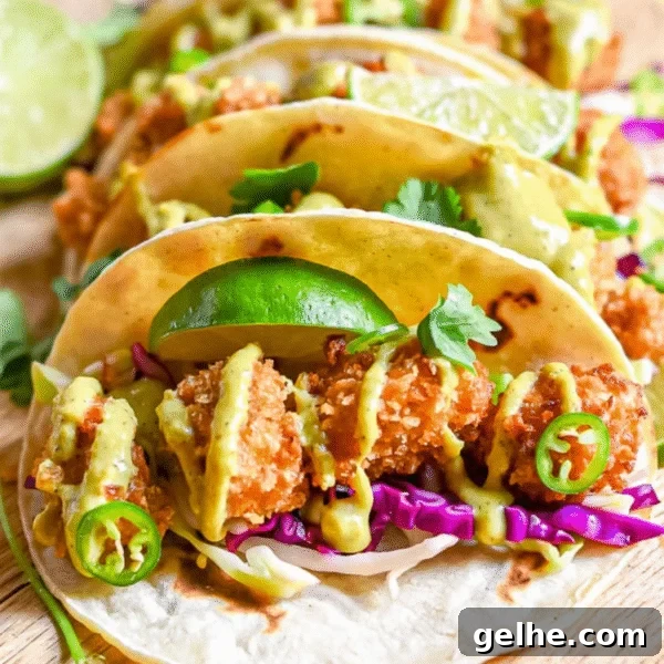 Crispy Homemade Crunchwrap Recipe: Copycat Taco Bell Wrap 19 Three easy fried chicken tacos filled with crispy fried toppings, shredded cabbage, sliced jalapeños, cilantro, and drizzled sauce, garnished with lime wedges.