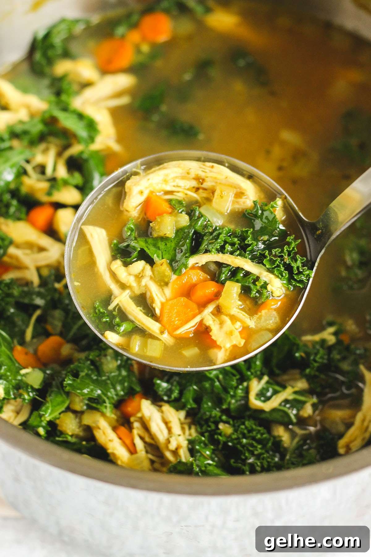 Soup ladle scooping chicken and kale soup from a stock pot.