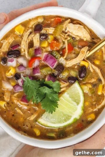 Hands holding a bowl of chicken chili topped with fresh cilantro and a lime wedge.