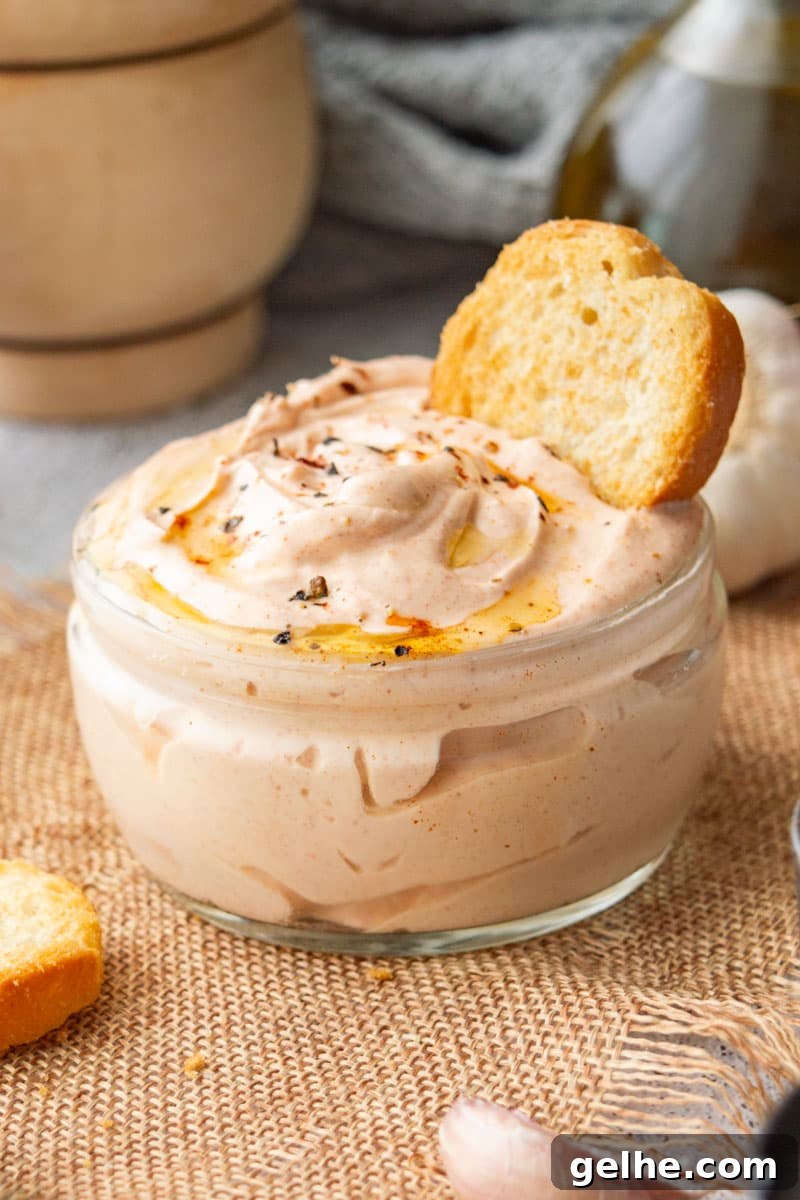 A small glass jar with creamy pink sauce on a beige background.